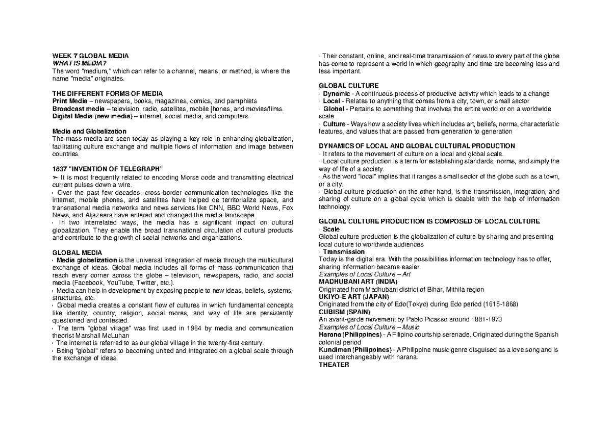 SOC101- Midterms - Midterm Reviewer - WEEK 7 GLOBAL MEDIA WHAT IS MEDIA ...