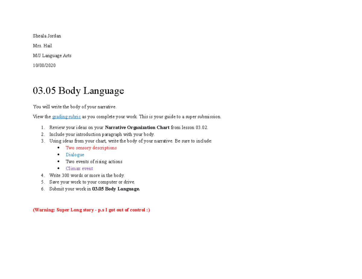 3.05 Body Language - Sheala Jordan Mrs. Hail M/J Language Arts 10/08 ...