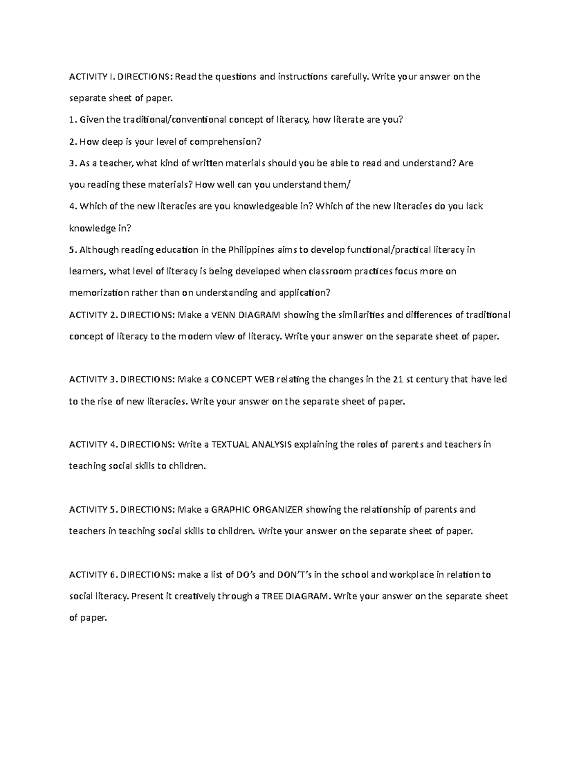 Modular in Literarcy - edd - ACTIVITY I. DIRECTIONS: Read the questions ...