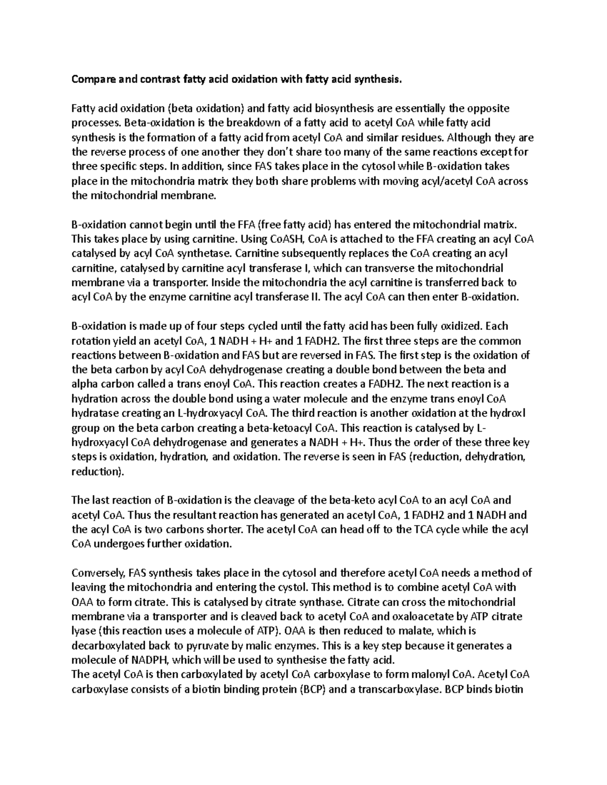 FA oxidation and FA biosynthesis essay 2 Compare and contrast fatty