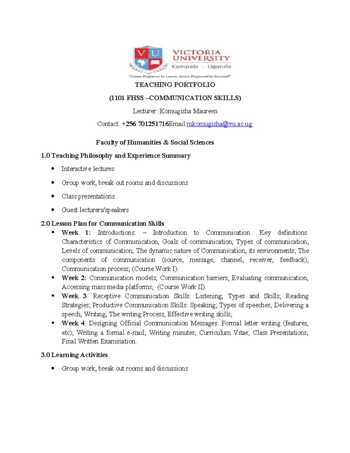 Communication Skills Teaching Portfolio Teaching Portfolio 1101 Fhss