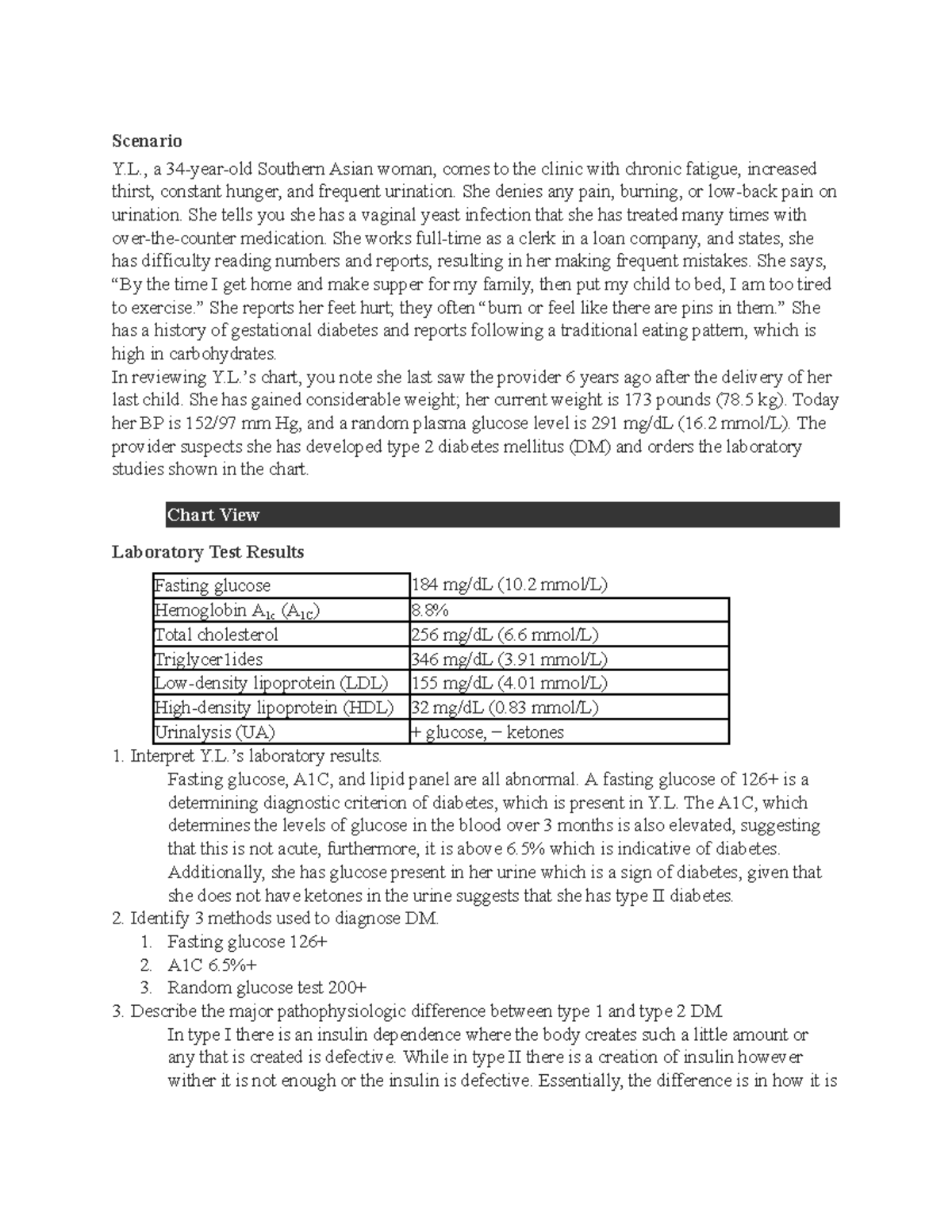 Case Study Diabetes Mellitus Type II Scenario Y., a 34yearold