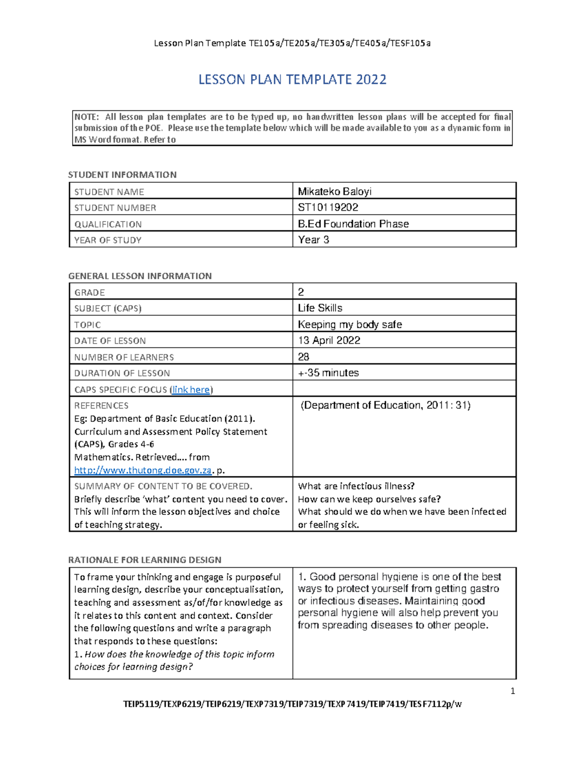 PRET7311 Lesson Plan 1 LESSON PLAN TEMPLATE 2022 NOTE All lesson