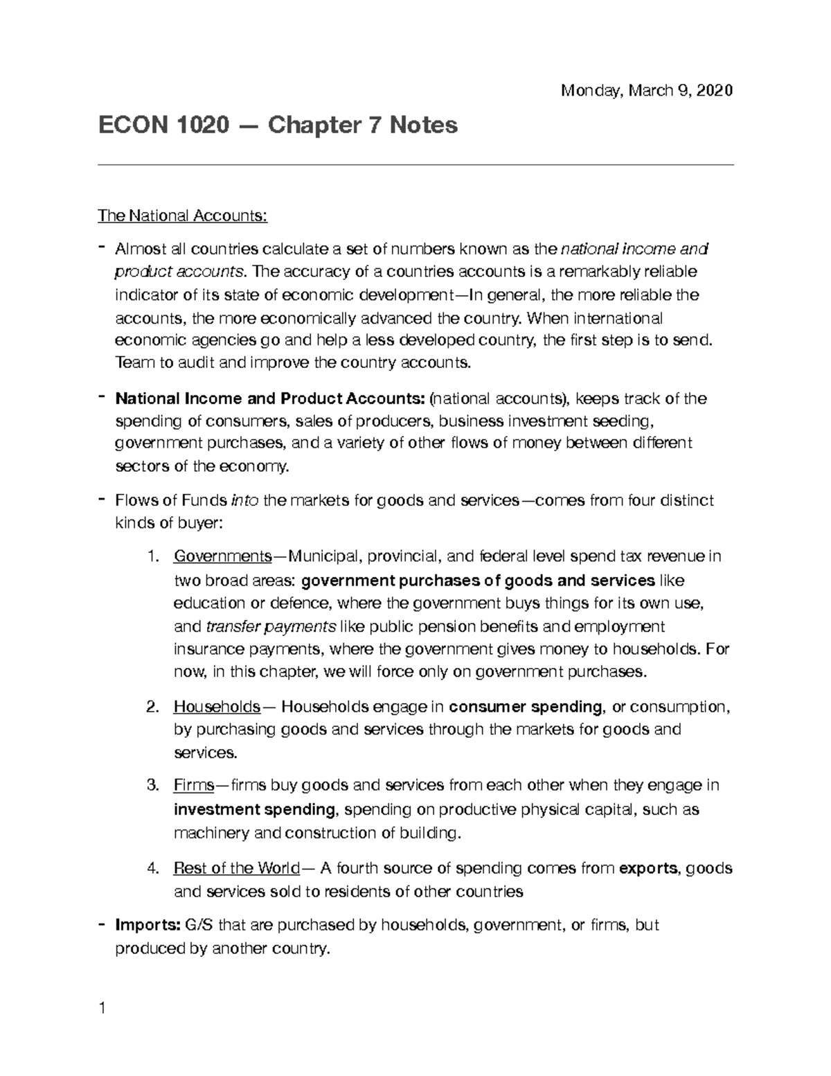 ECON 1020 Chapter 7 Notes - ECON 1020 — Chapter 7 Notes The National ...