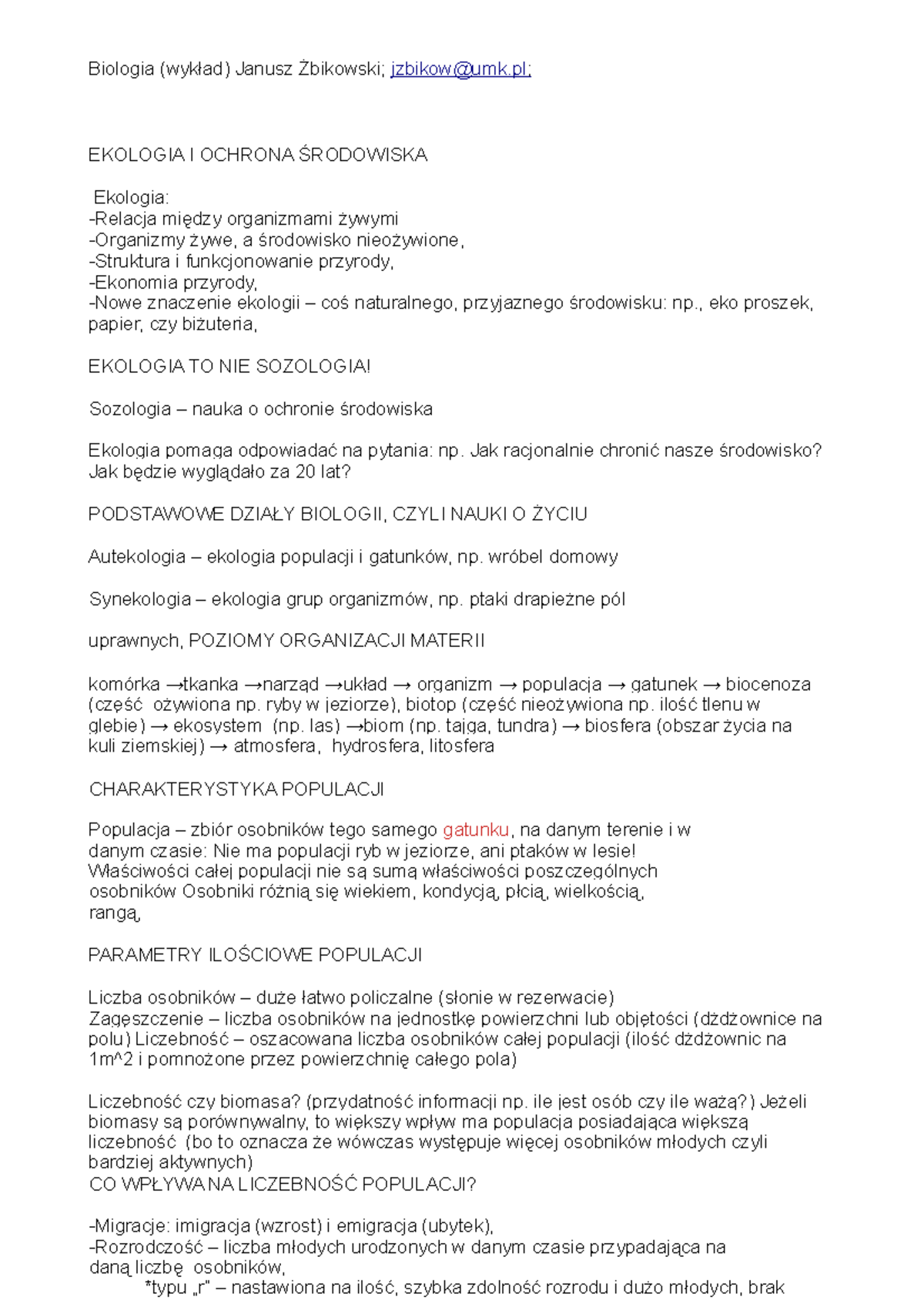 Notatki z wykładów - Biologia (wykład) Janusz Żbikowski; jzbikow@umk