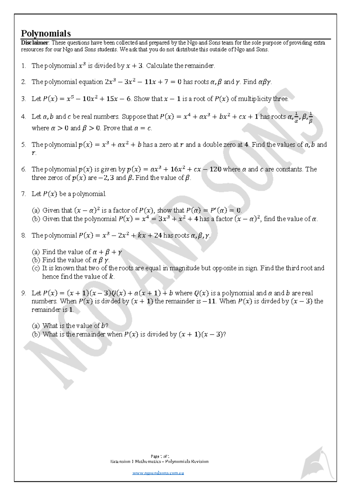 Polynomials Paper 3 - Page 1 of 1 Extension 1 Mathematics – Polynomials ...