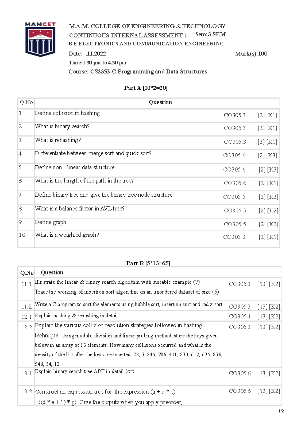 CIA-1 ds IT - question paper - 1/ M.A. COLLEGE OF ENGINEERING ...