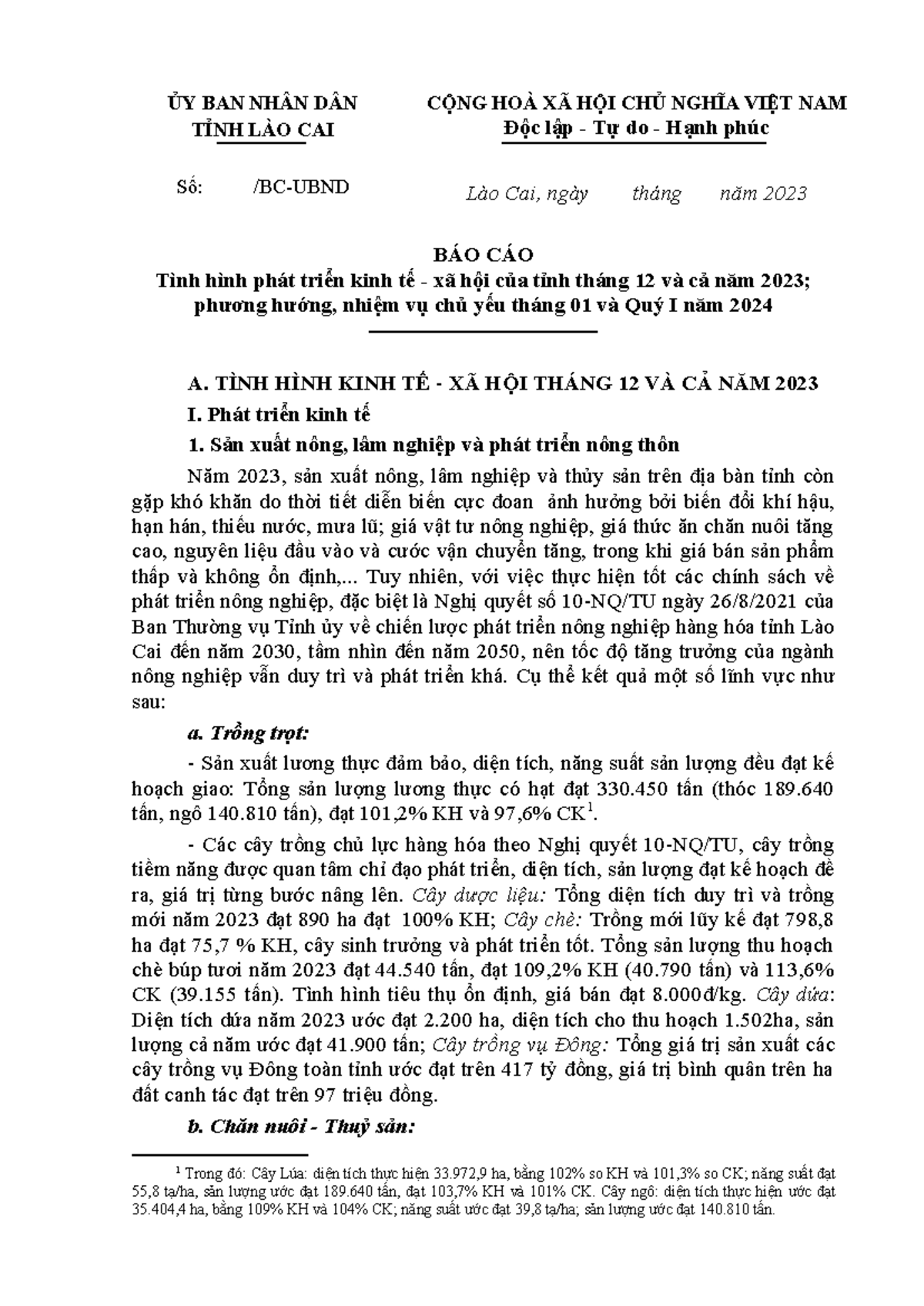 BC KTXH T12.2023 - Nos - ỦY BAN NHÂN DÂN TỈNH LÀO CAI Số: /BC-UBND CỘNG ...