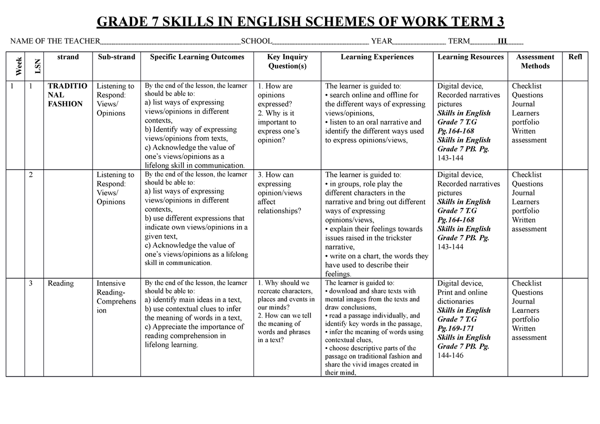 Third Term Lesson Plan For Basic 7 Term 3