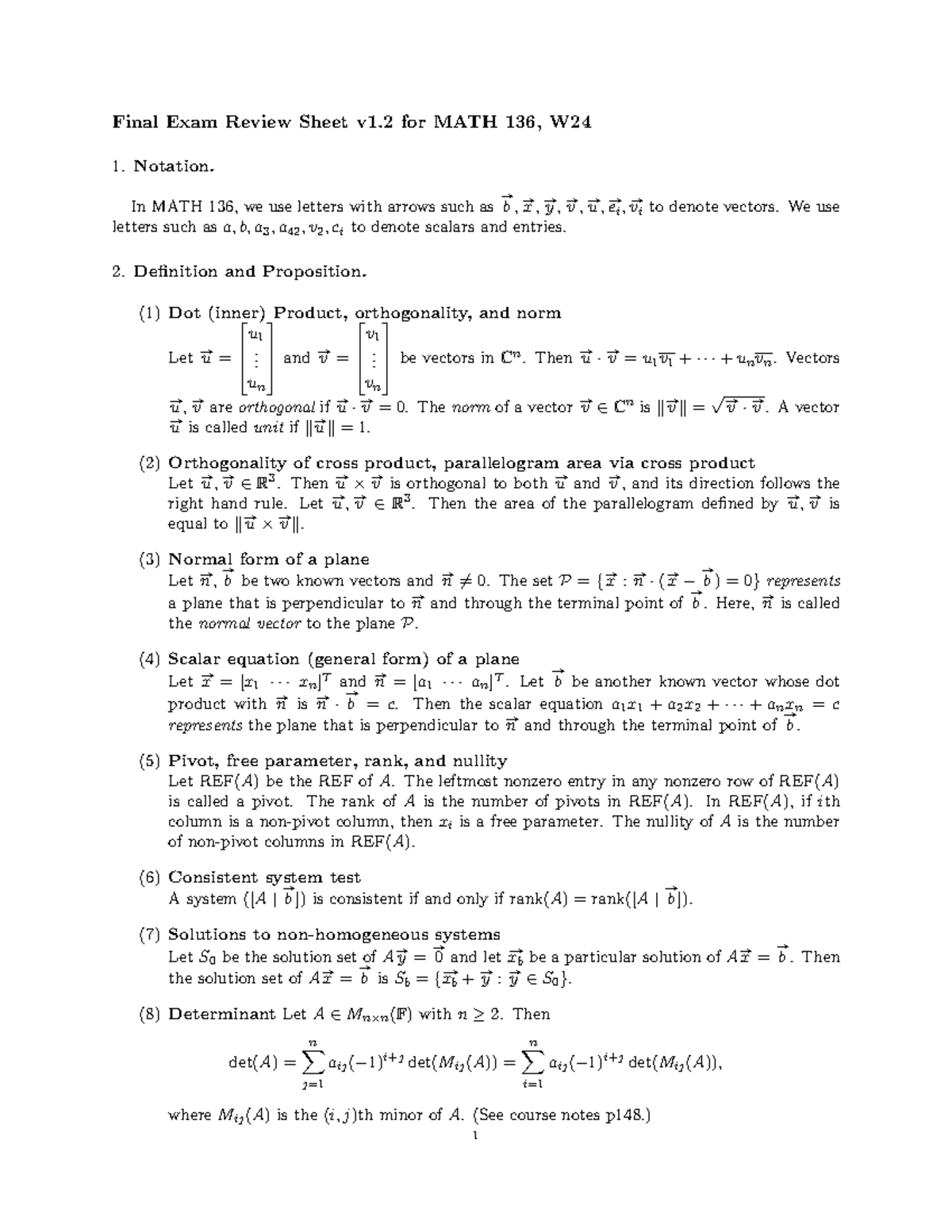 Review Sheet - In MATH 136, we use letters with arrows such as #» b ...