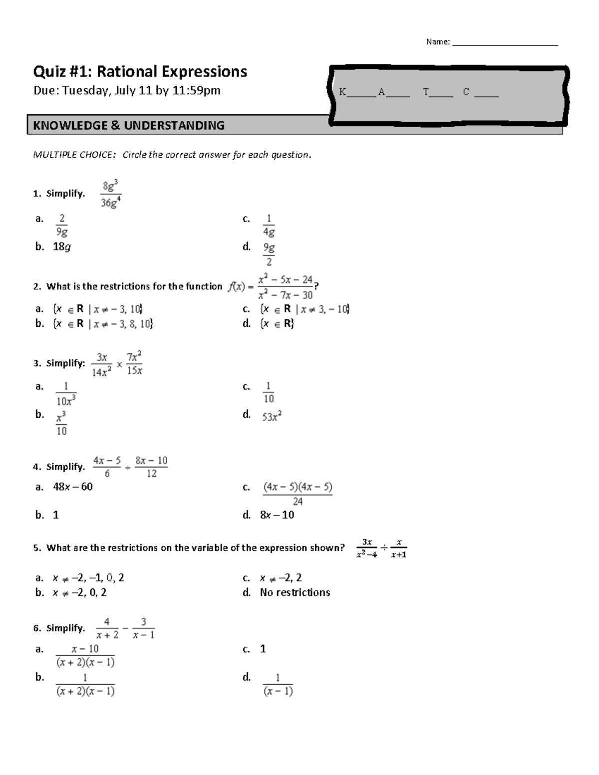 Quiz #1 - good note - Name: ________________________ Quiz #1: Rational ...