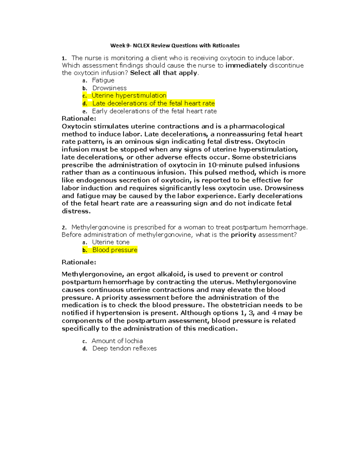 Practice Nclex questions Week 9 NCLEX Review Questions with