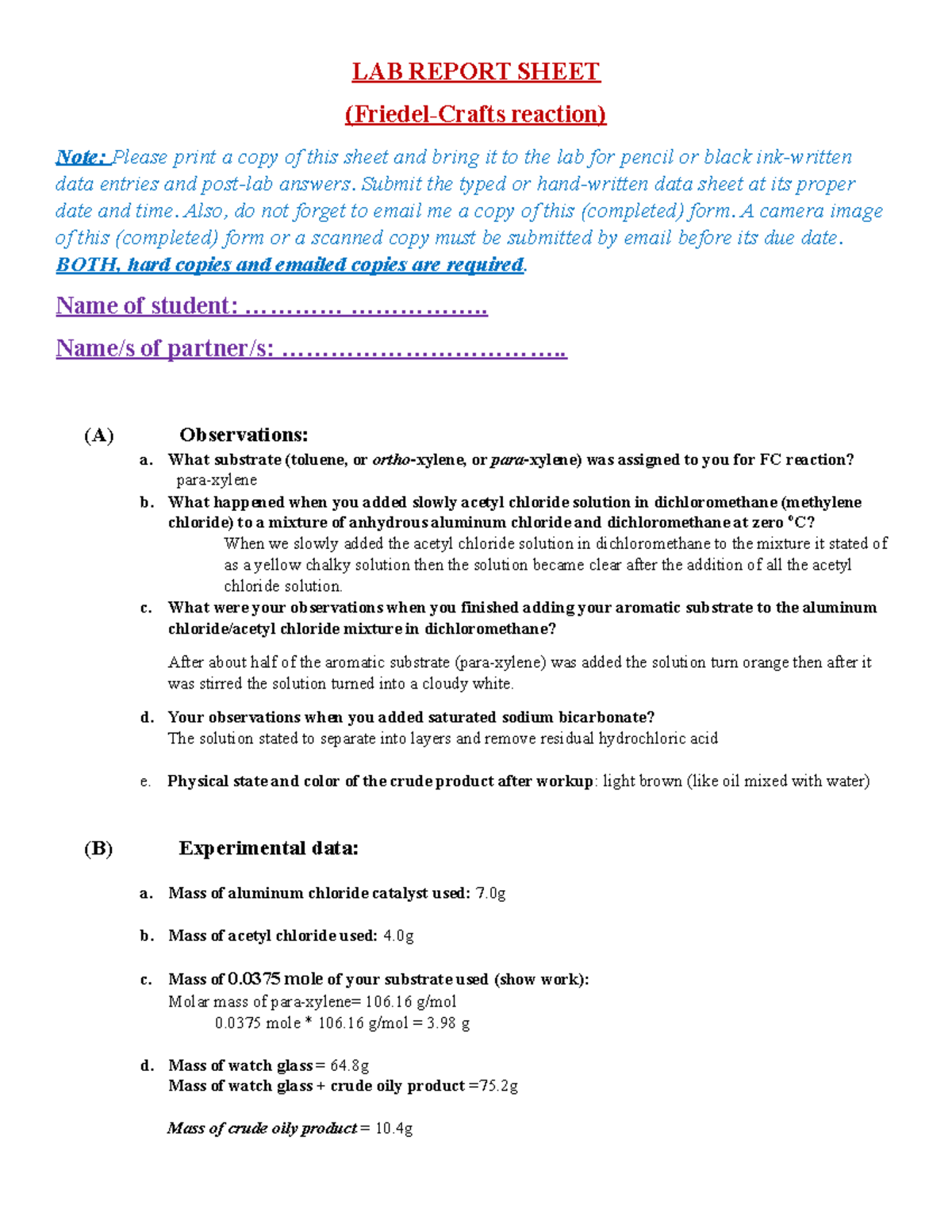 LAB Report Datasheet Friedel-Crafts reaction - LAB REPORT SHEET ...