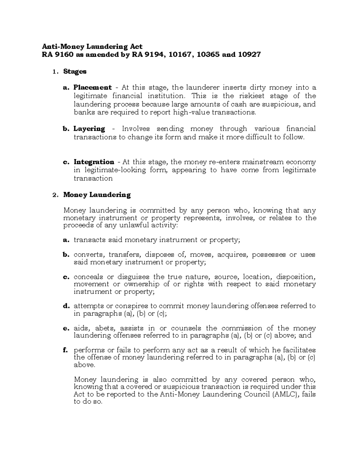 AMLA - Lecture Notes A - Anti-Money Laundering Act RA 9160 As Amended ...