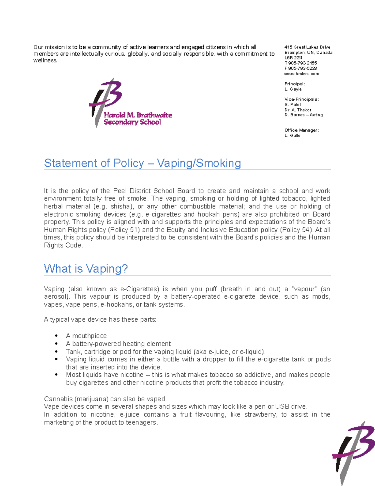 Vaping Policy - Our mission is to be a community of active learners and ...
