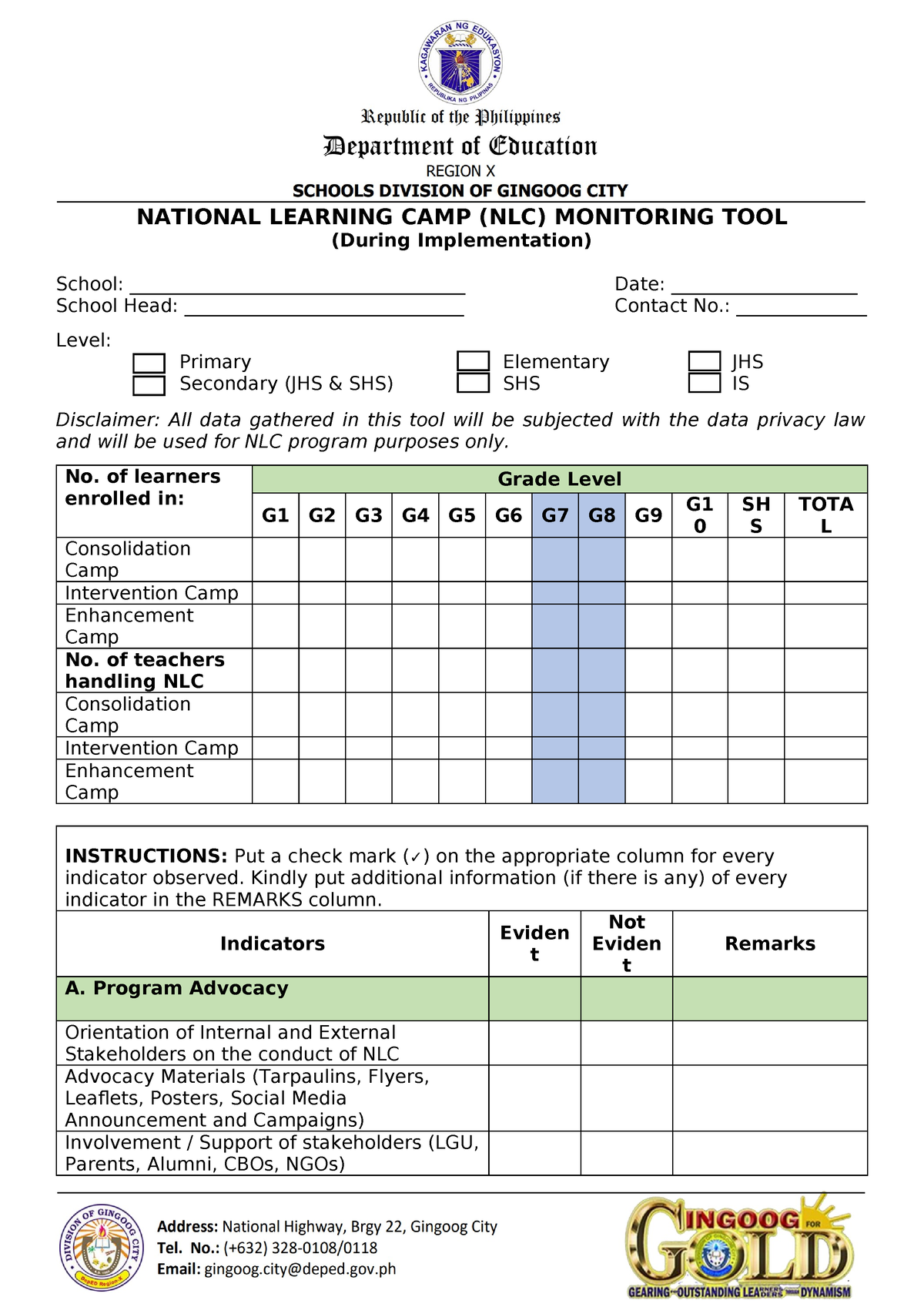 2023 Assignment NATIONAL LEARNING CAMP (NLC) MONITORING TOOL