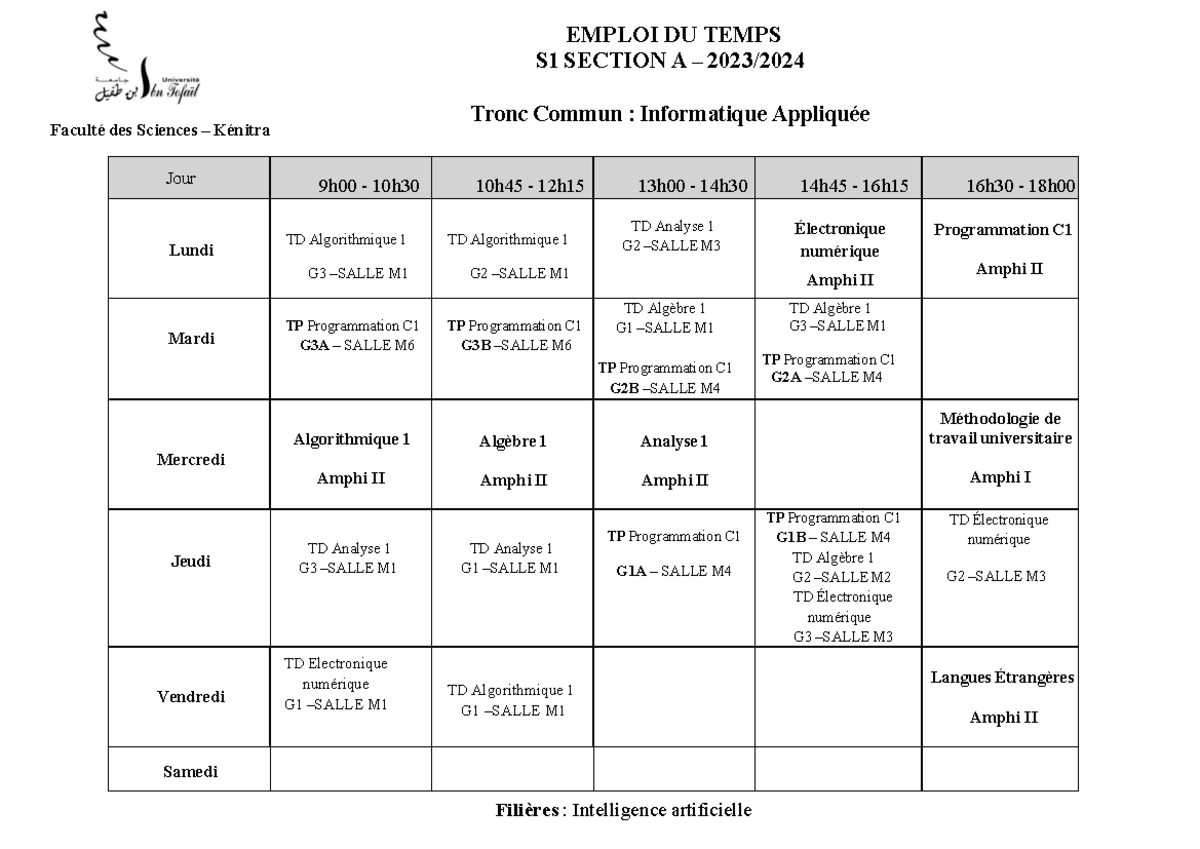 Emploi du temps IA S1 - Faculté des Sciences – Kénitra EMPLOI DU TEMPS ...