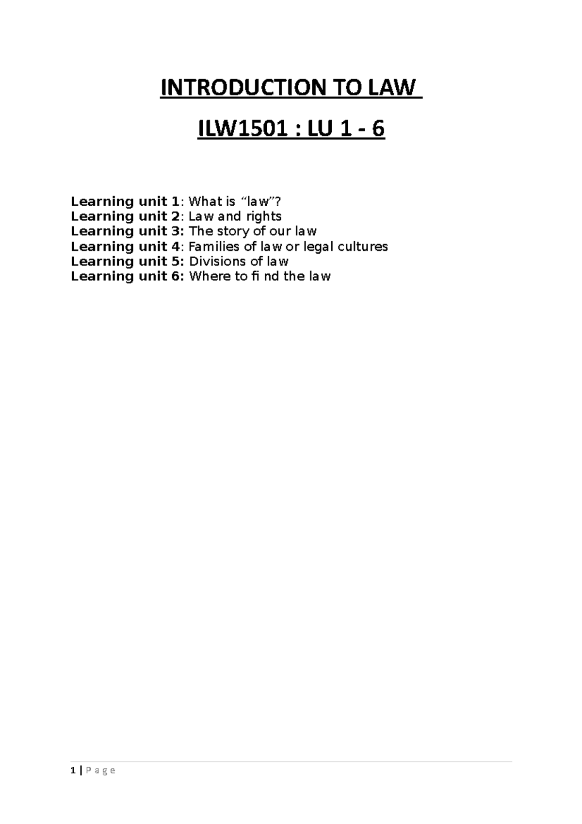 ILW1501 Notes - First Half - INTRODUCTION TO LAW ILW1501 : LU 1 - 6 ...