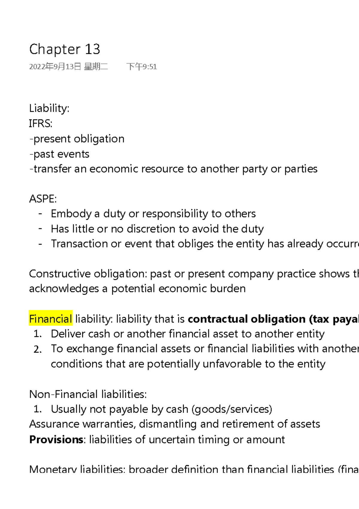 Chapter 13 - Liability: IFRS: -present obligation -past events ...