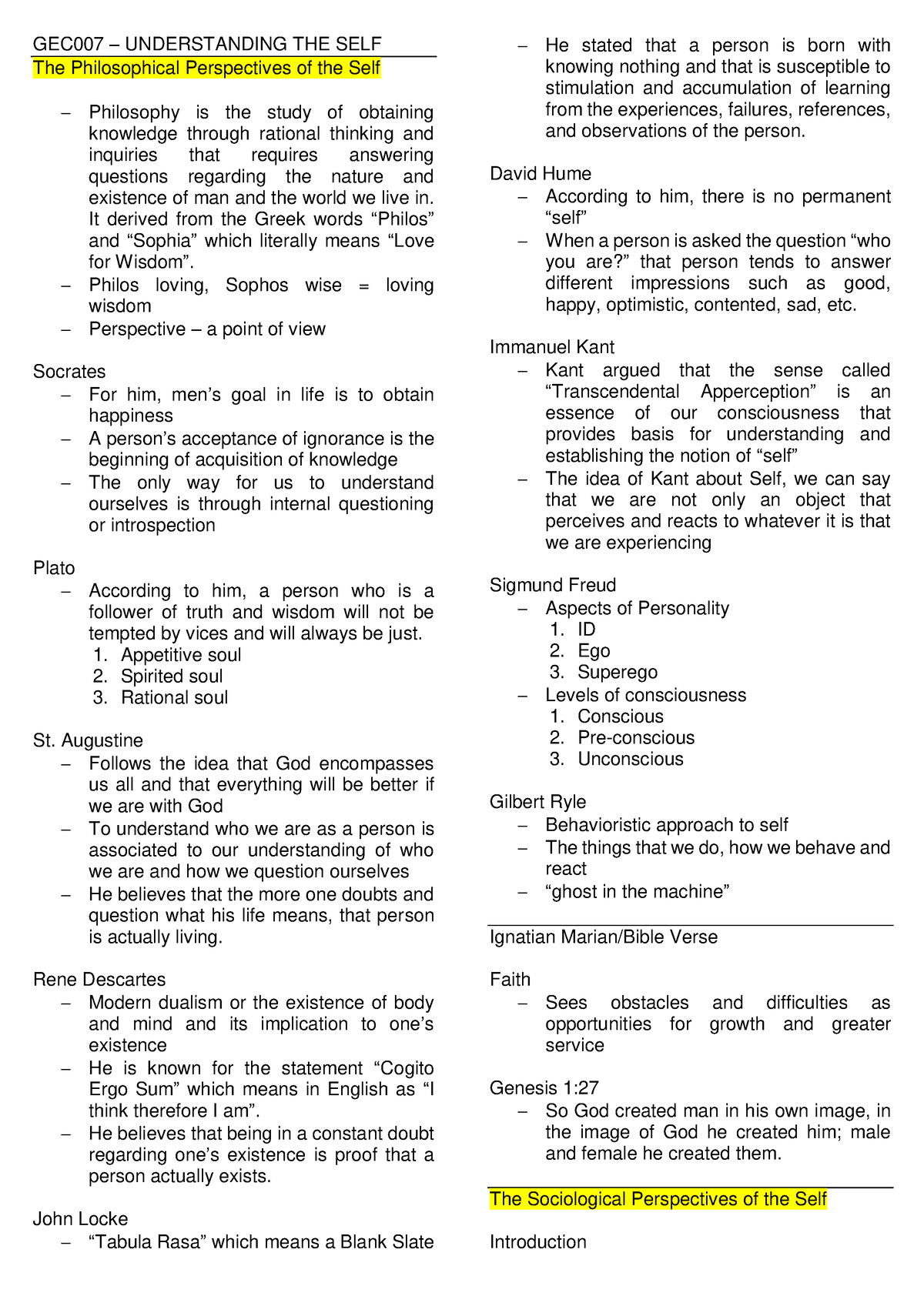 Prelims Reviewer_ Understanding The Self - GEC007 – UNDERSTANDING THE ...