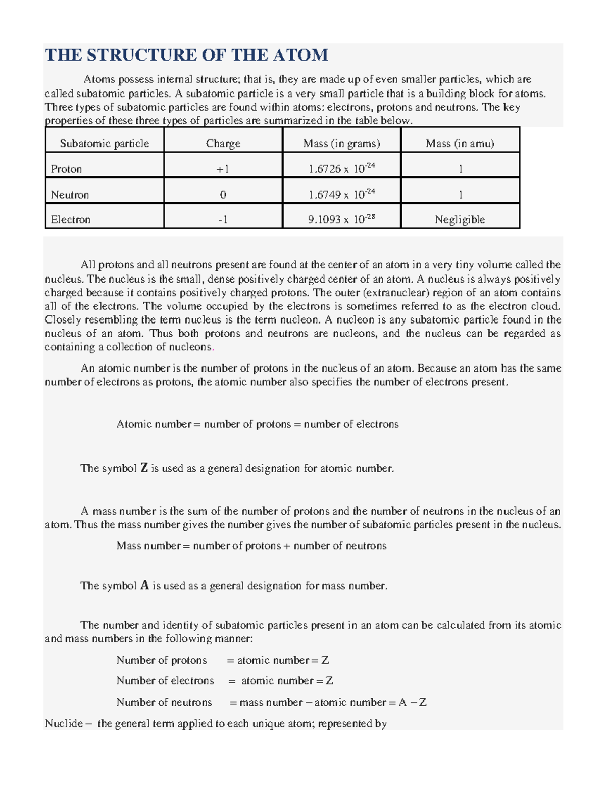 CHEM Module 2 - THE STRUCTURE OF THE ATOM Atoms possess internal ...