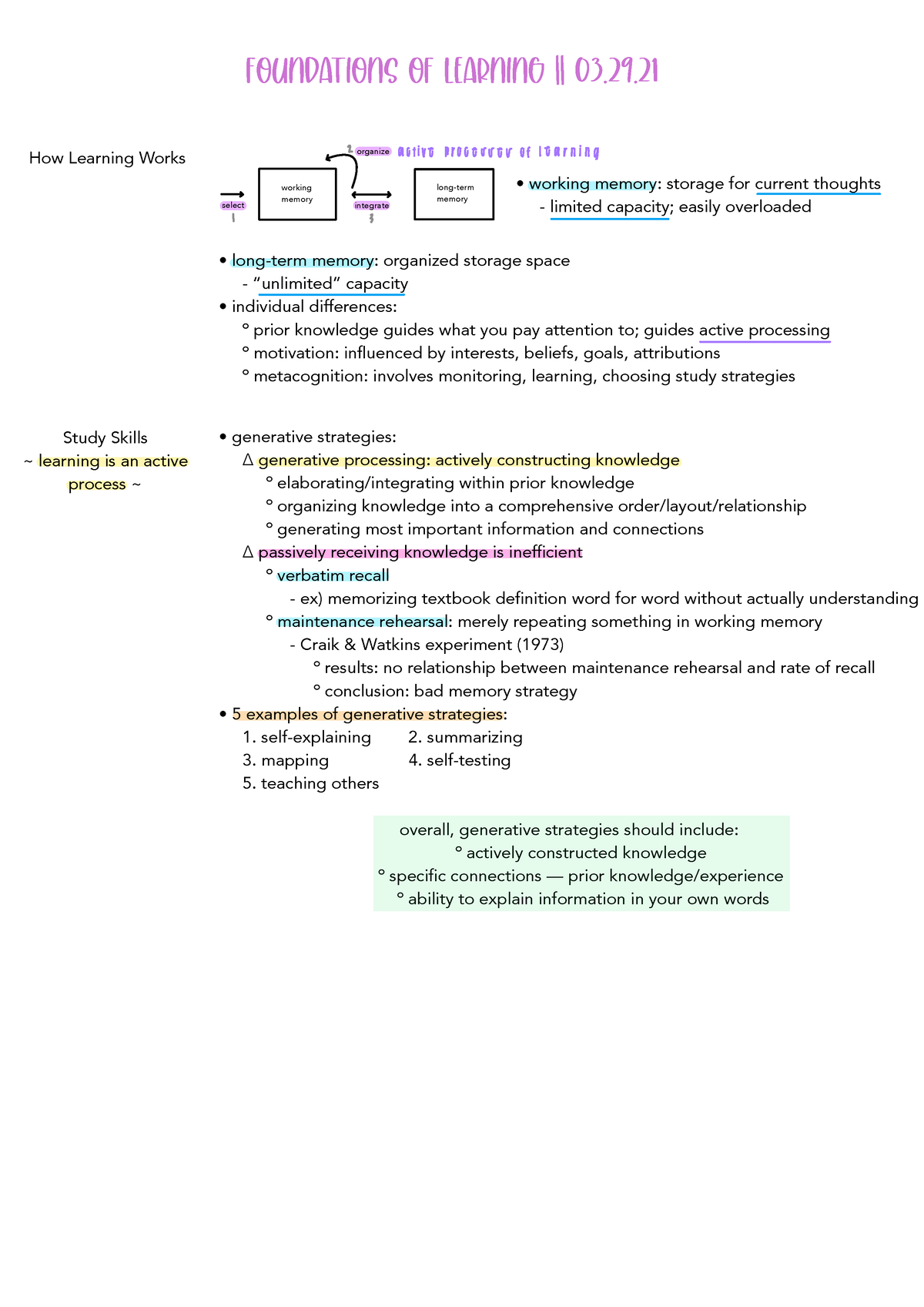 Foundations of Learning - select organize integrate working memory long ...