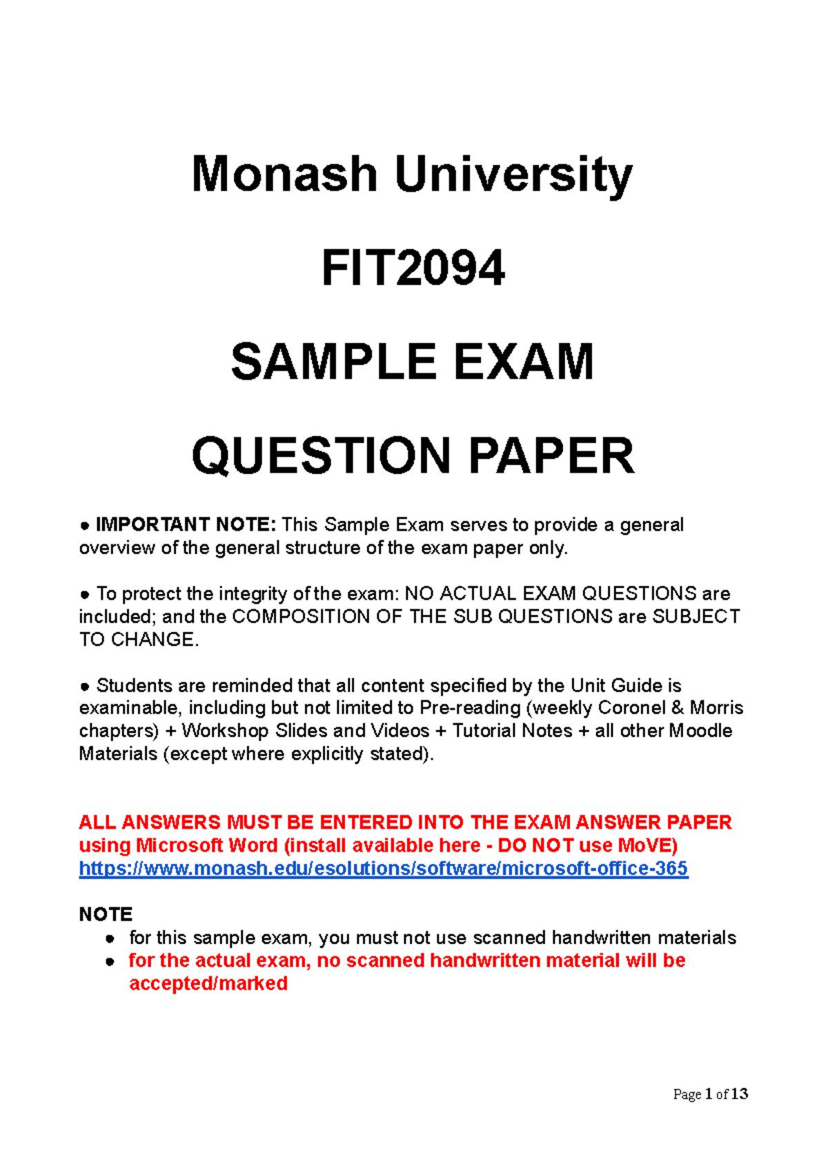 FIT2094 Sample Exam Question Paper Monash University FIT SAMPLE EXAM