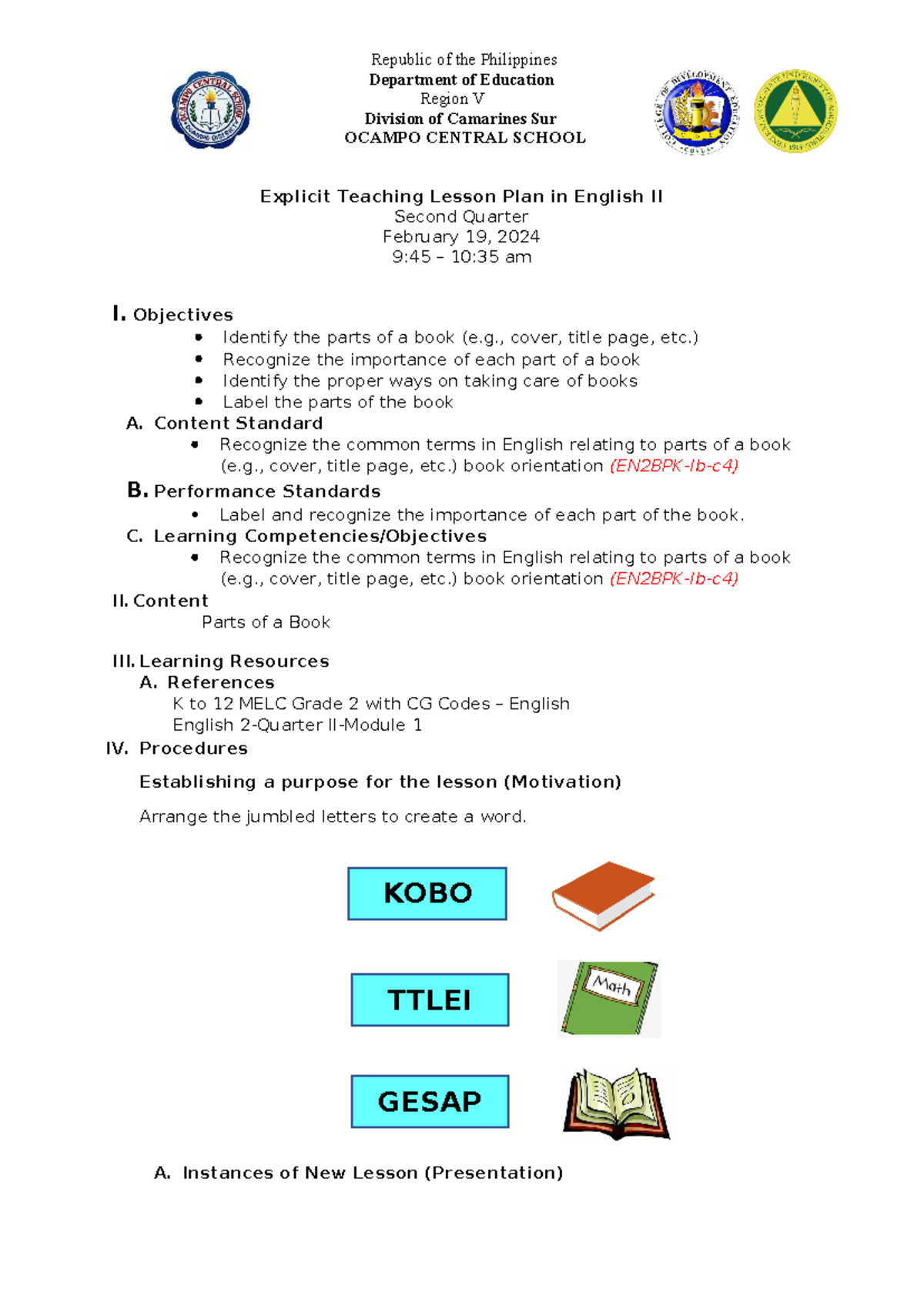 Lesson Plan - Parts of a Book - Republic of the Philippines Department ...