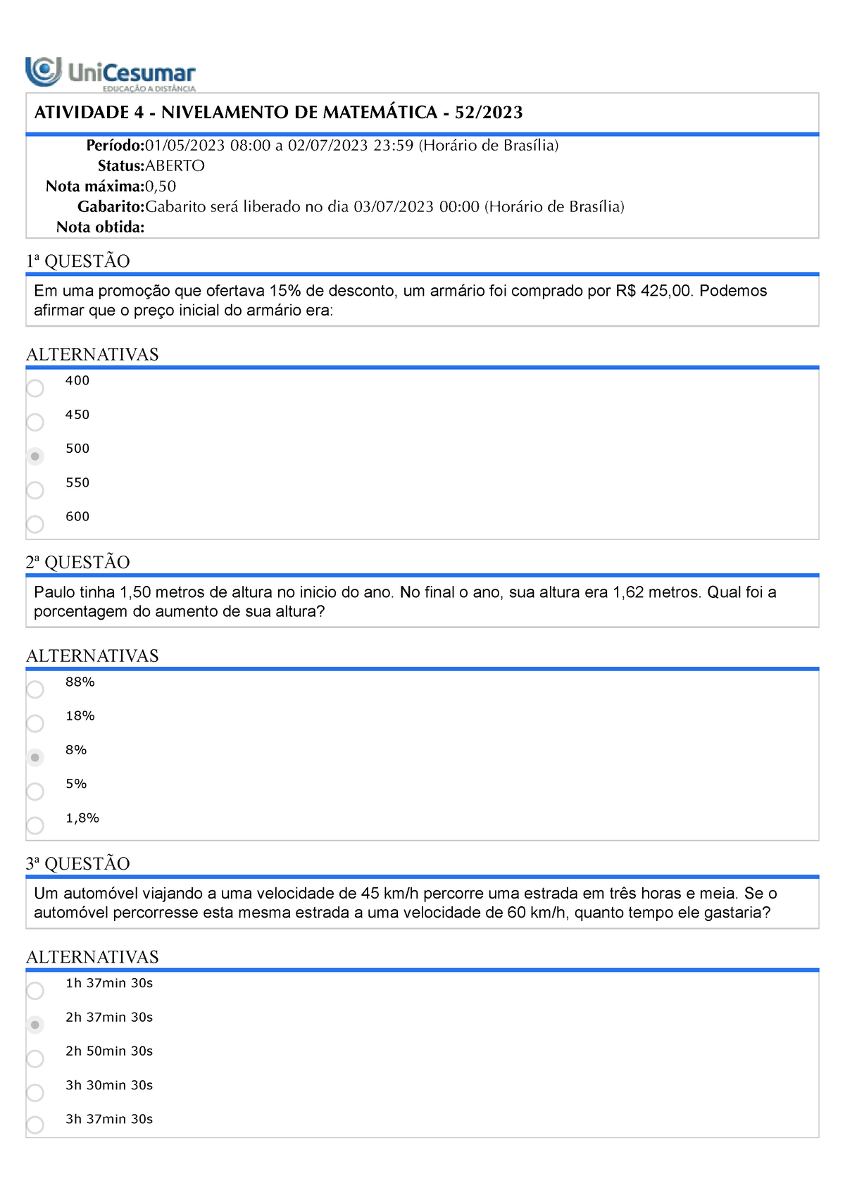 Unicesumar - Ensino A Distância 4 - ATIVIDADE 4 - NIVELAMENTO DE ...