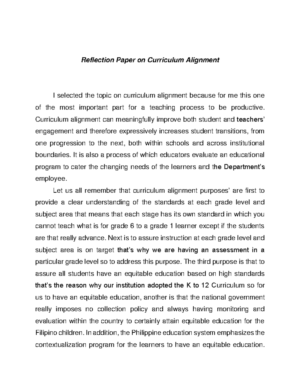 Reflection Paper on Curriculum Alignment - Curriculum alignment can ...