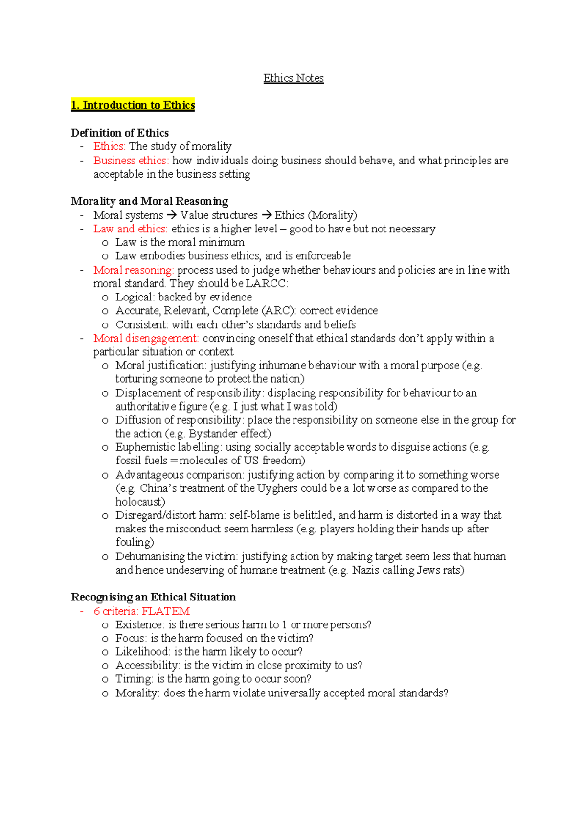 Ethics Notes Ethics Notes Introduction to Ethics Definition of Ethics