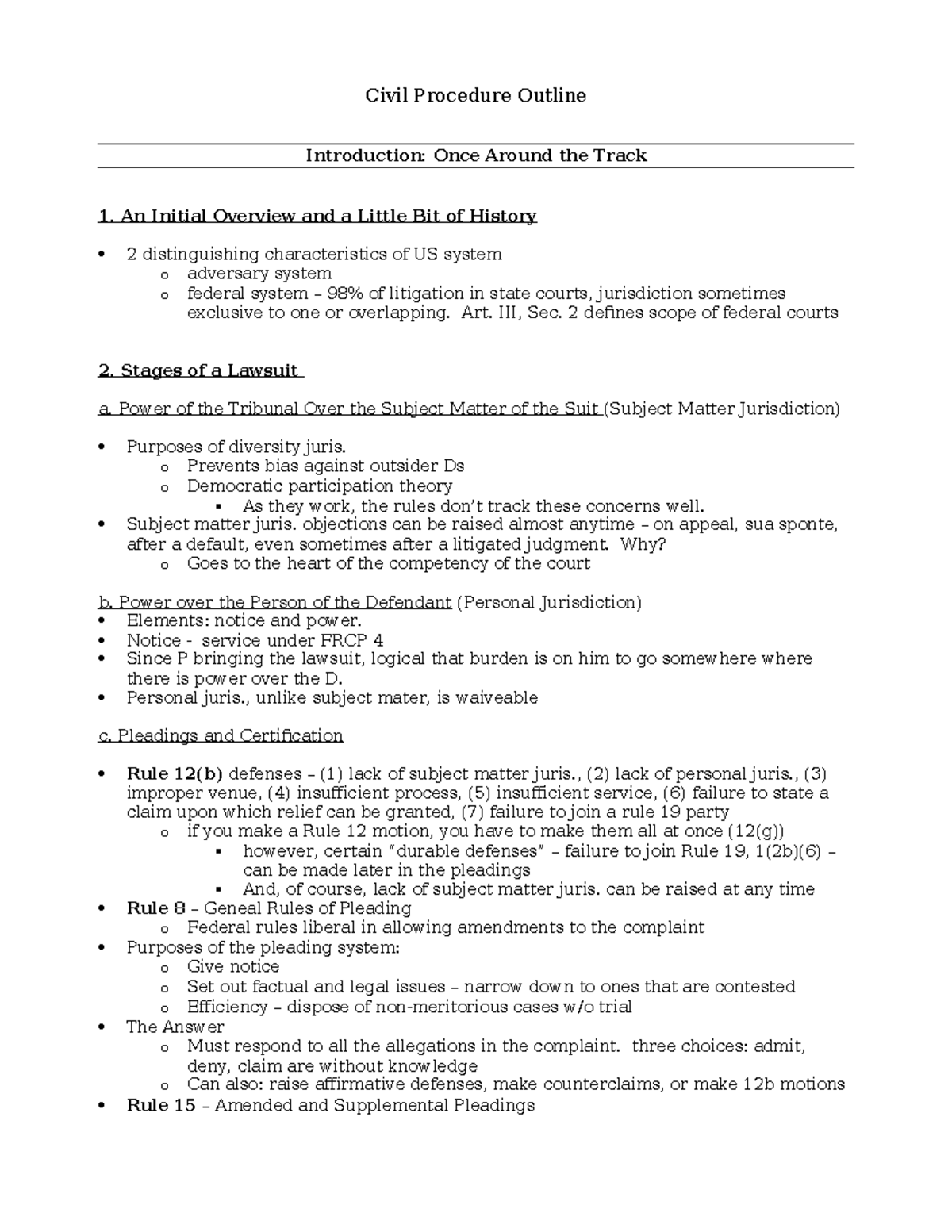 Harvard outline - Civil Procedure Outline Introduction: Once Around the ...