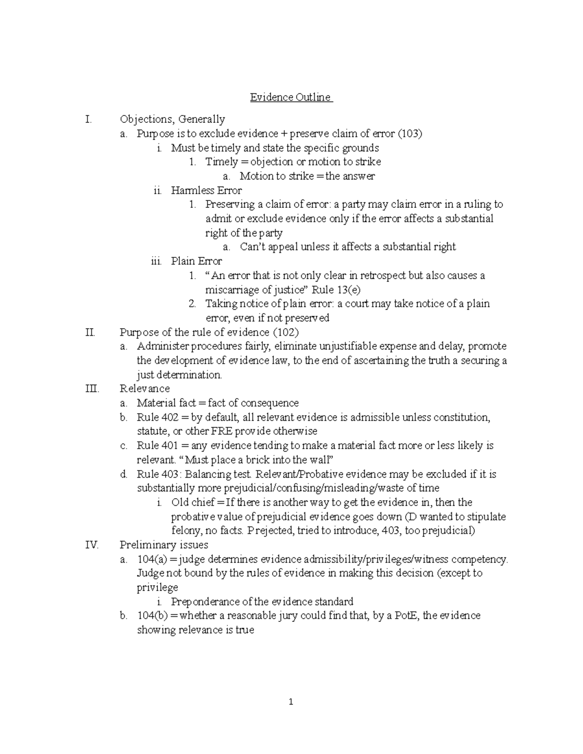 Evidence Outline - Objections, Generally a. Purpose is to exclude ...