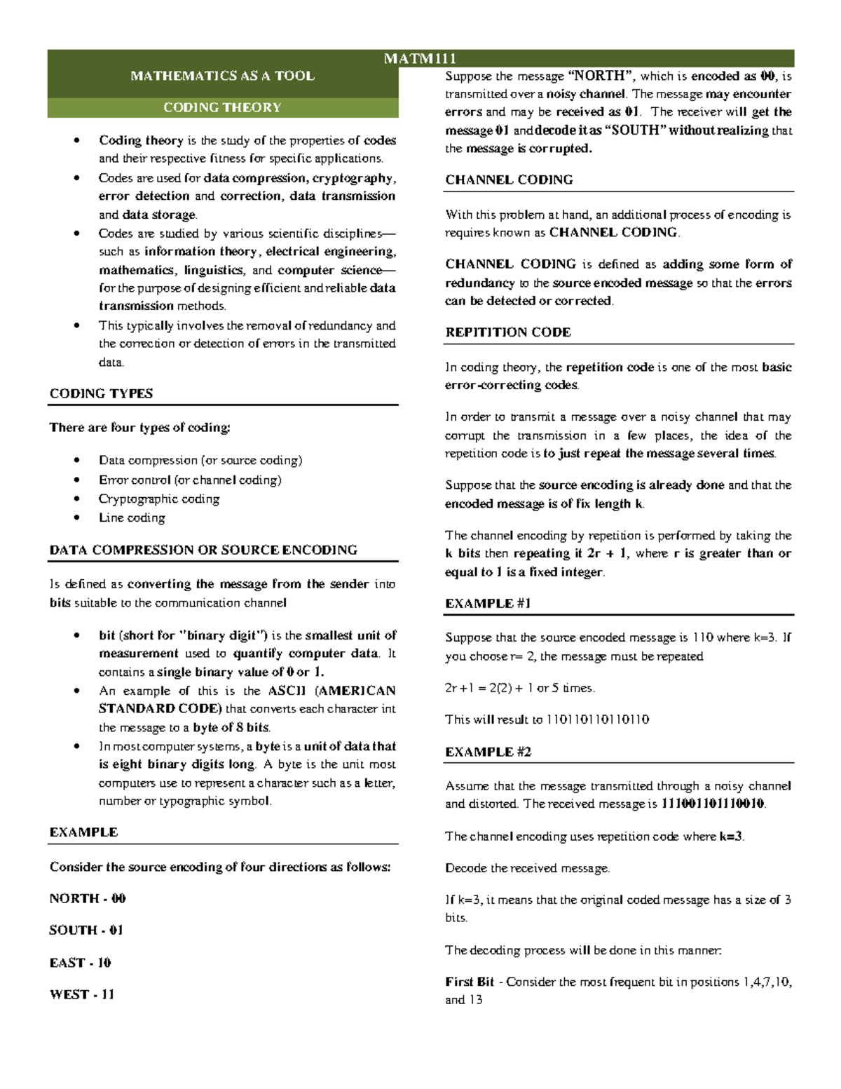 MATM111 Mathematics AS A TOOL - MATHEMATICS AS A TOOL CODING THEORY ...