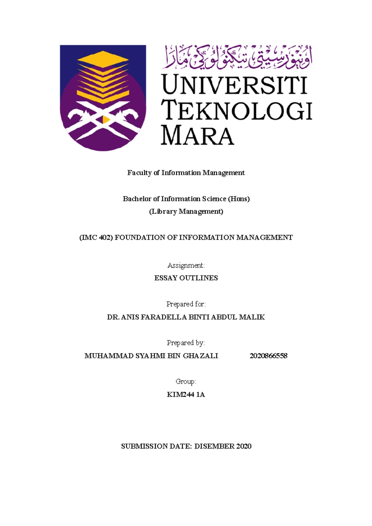 Assignment 402 - notes - Faculty of Information Management Bachelor of ...