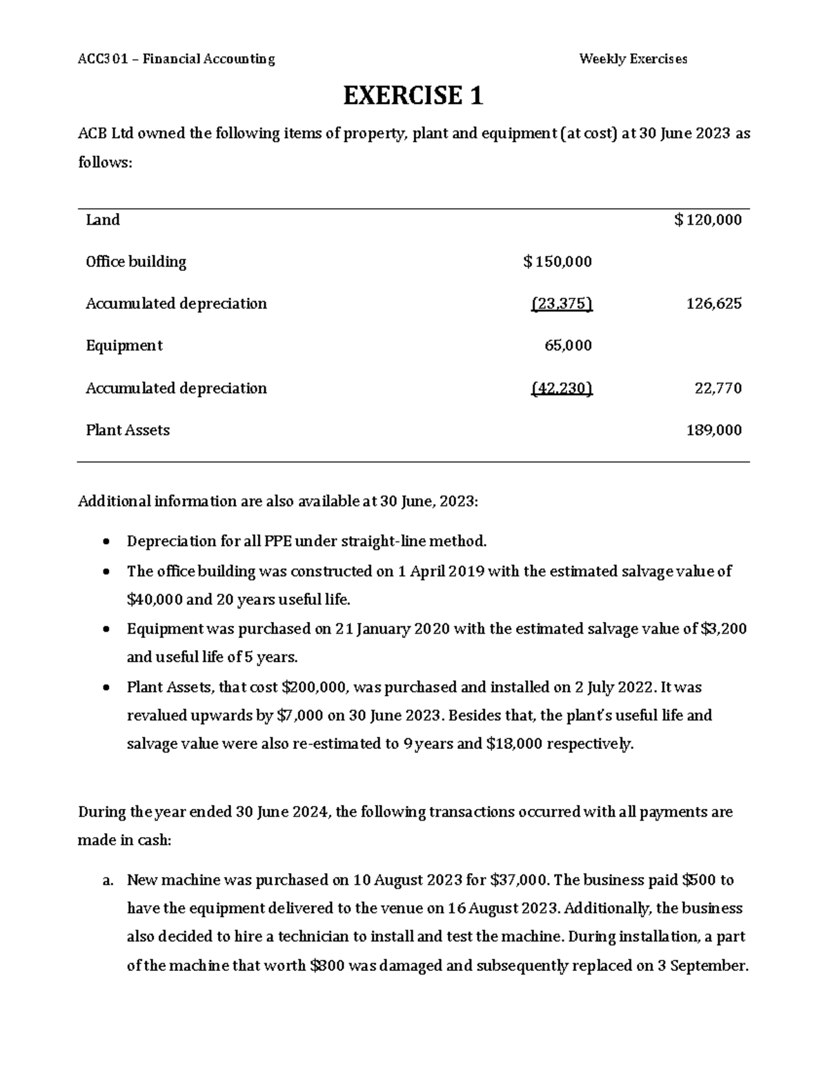 Exercise 1 - Tangible Assets - ACC301 – Financial Accounting Weekly ...