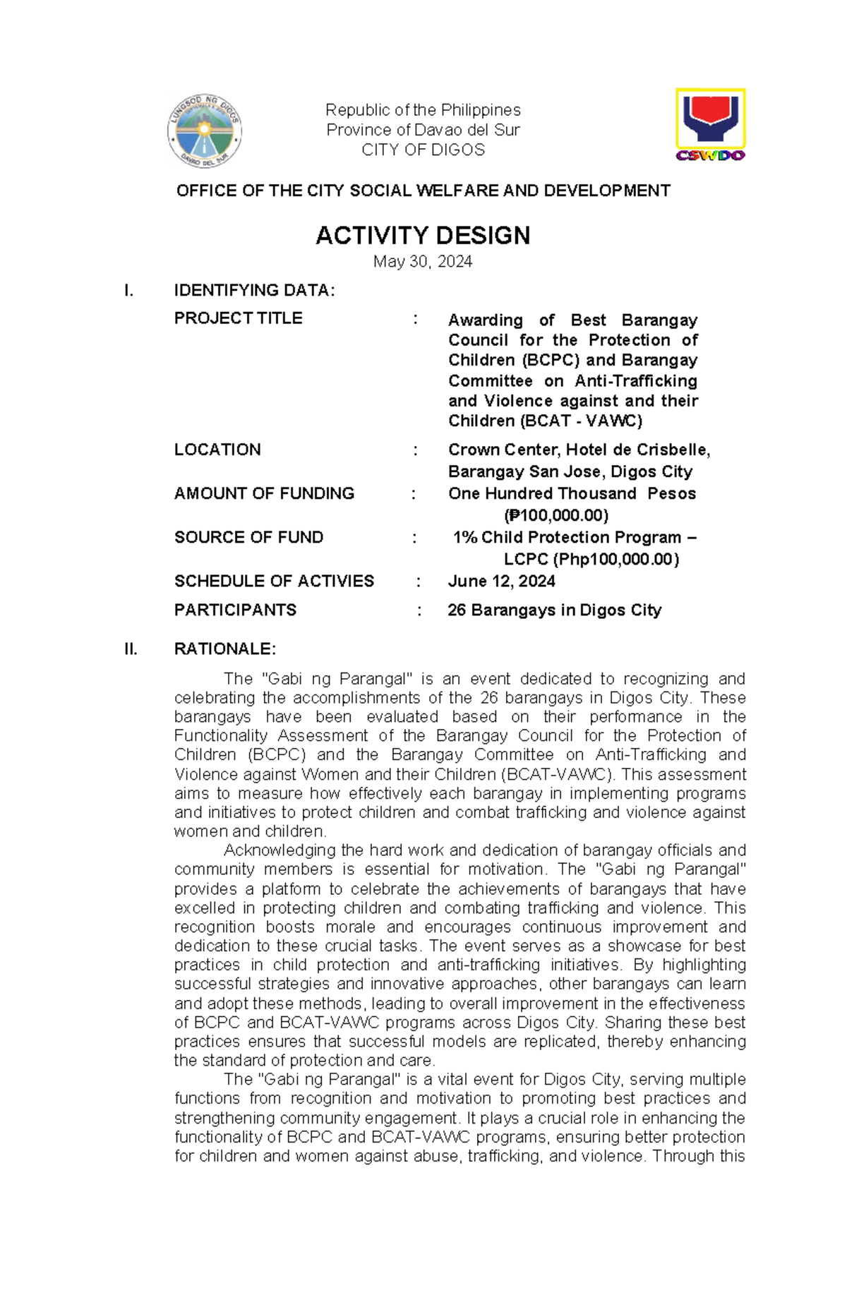 Activity Design - GABI NG Parangal - Awarding of Best Barangay Council ...