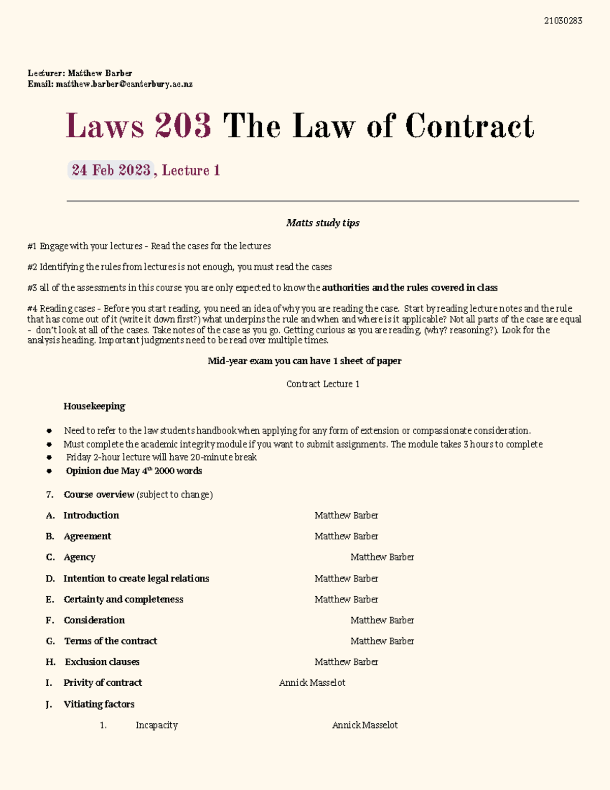 Contract Lecture Notes Laws203 Lecturer Matthew Barber Email Matthew Canterbury Ac Laws Contract Lecture Notes Laws203 Lecturer Matthew Barber Email Matthew Canterbury Ac Laws