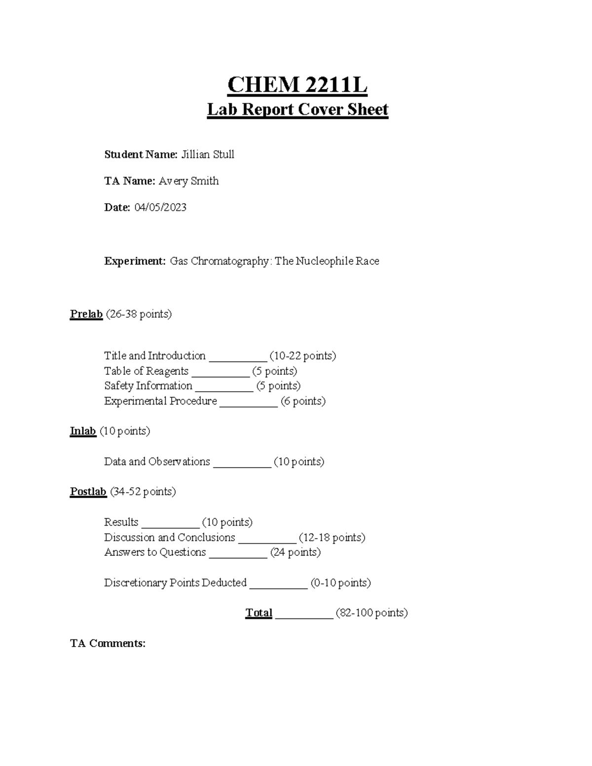 CHEM 2211L Week 9 Prelab - CHEM 2211L Lab Report Cover Sheet Student ...