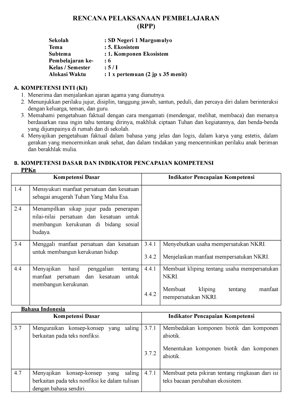 RPP - RPP - RENCANA PELAKSANAAN PEMBELAJARAN (RPP) Sekolah : SD Negeri ...