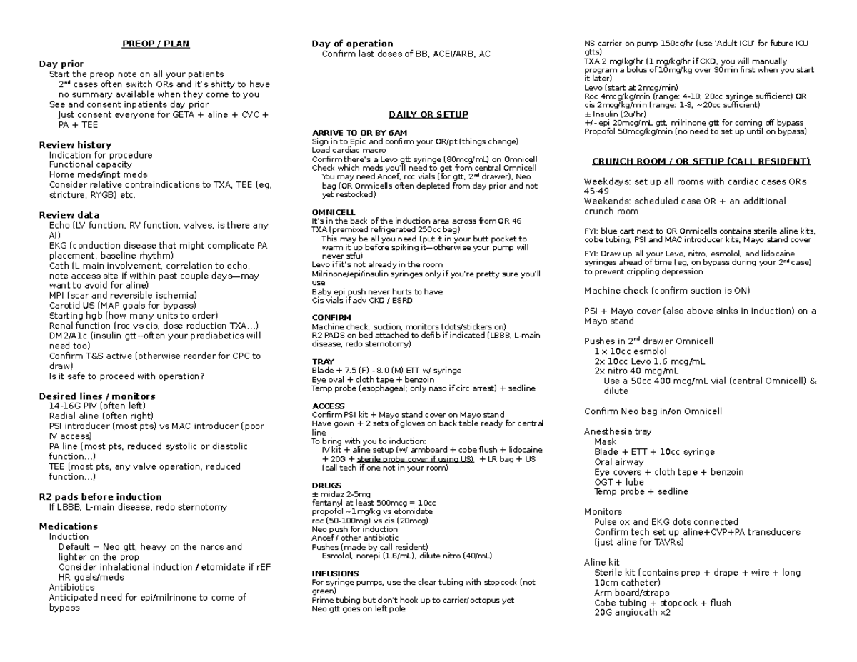 Cardiac card - PREOP / PLAN Day prior Start the preop note on all your ...