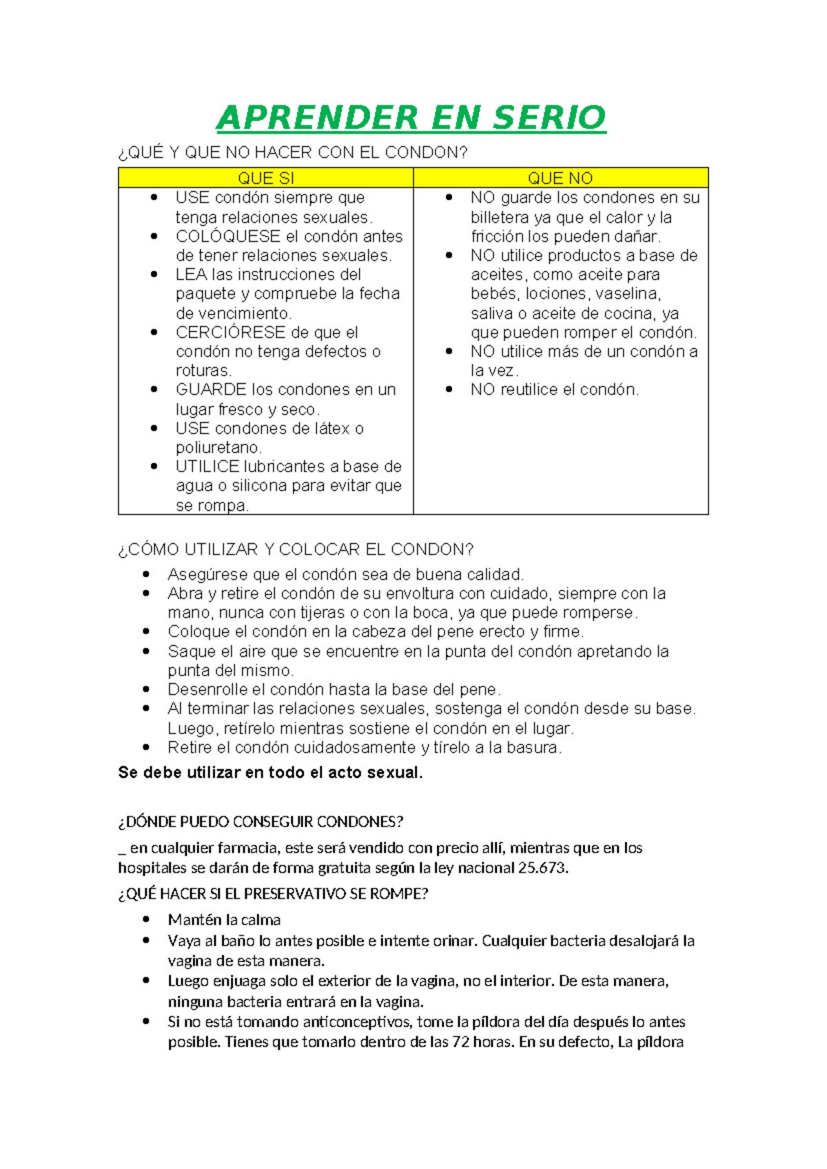 Aprender EN Serio - APRENDER EN SERIO ¿QUÉ Y QUE NO HACER CON EL CONDON?  QUE SI QUE NO  USE condón - Studocu