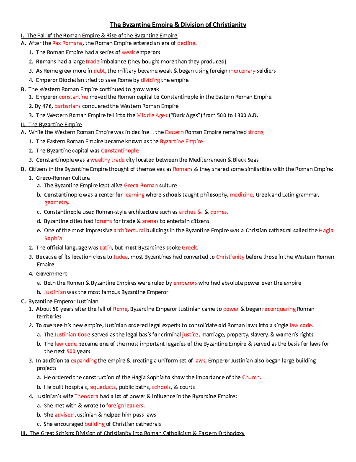 Byzantine Empire Division of Christianity Guided Notes - The Byzantine ...