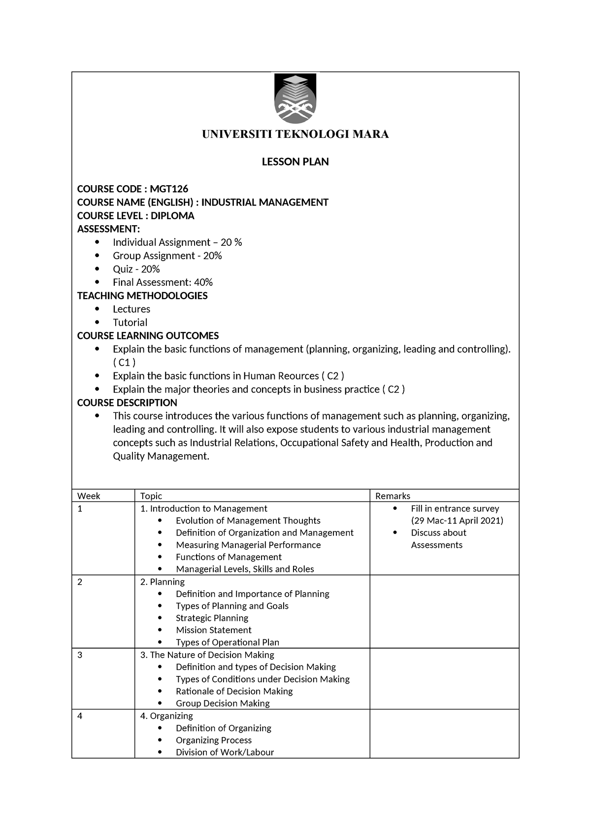 Lesson PLAN MGT 126 SESI MAC 2021 - UNIVERSITI TEKNOLOGI MARA LESSON ...