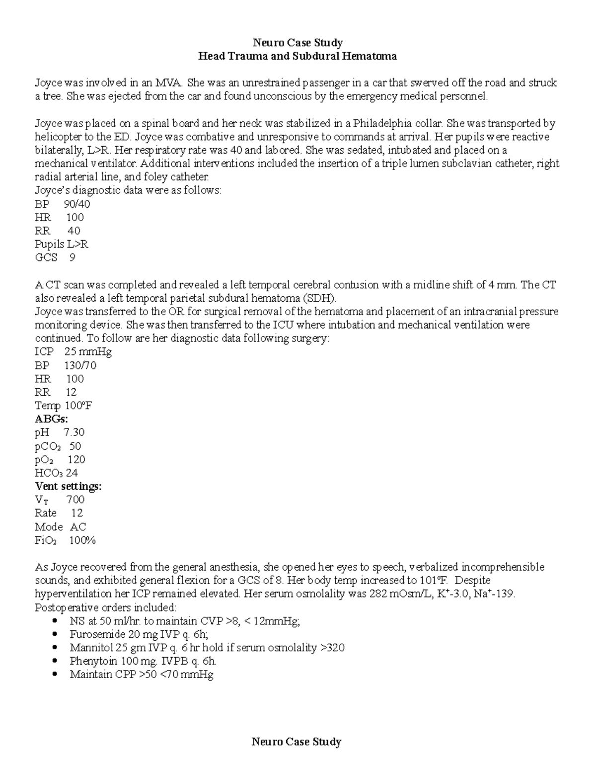 Neuro Case Study - Neuro Case Study Head Trauma and Subdural Hematoma ...