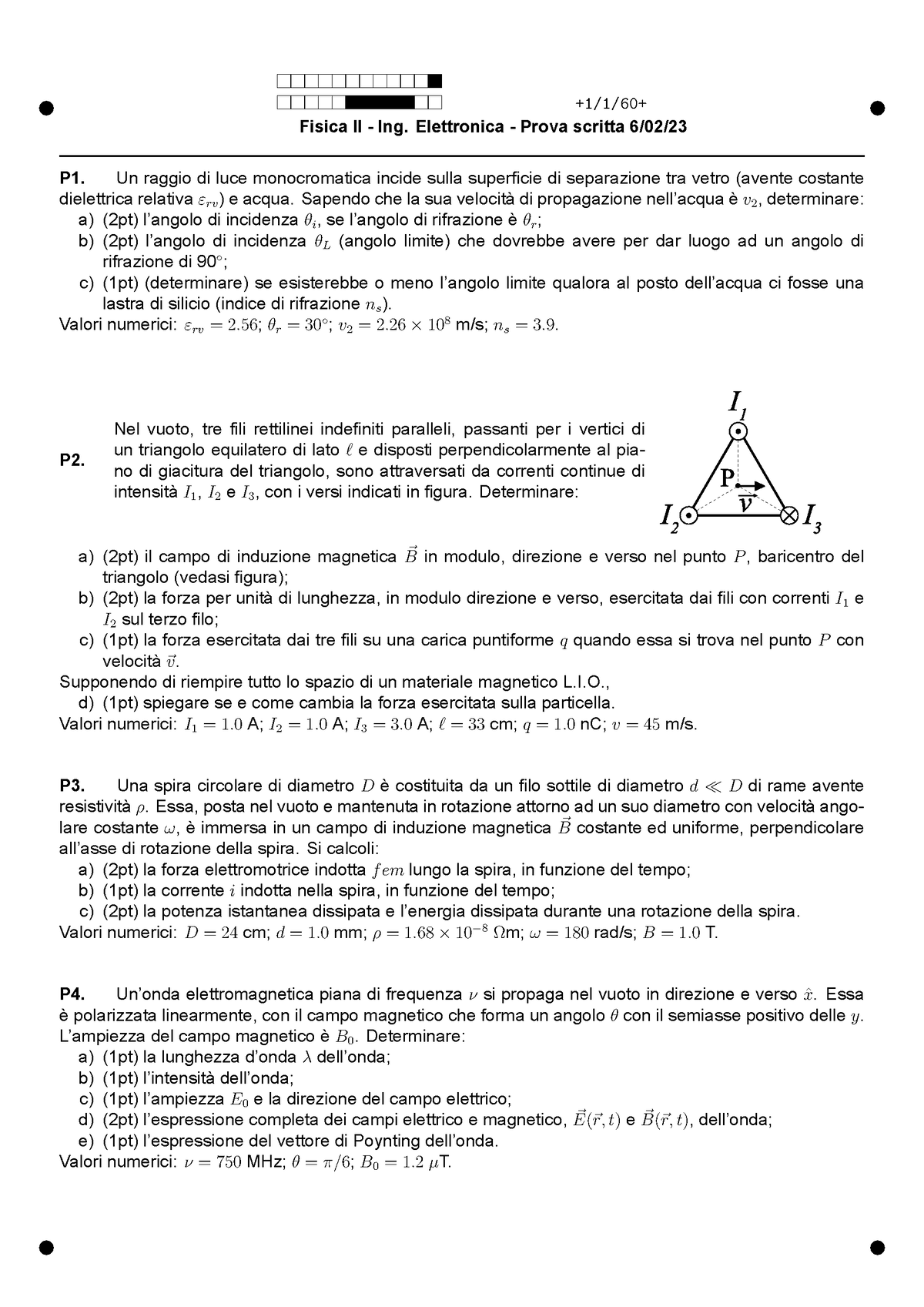 Testo E Soluzione Esame Fisica 2 6-2-2023 - ② +1/1/60+ ② Fisica II ...