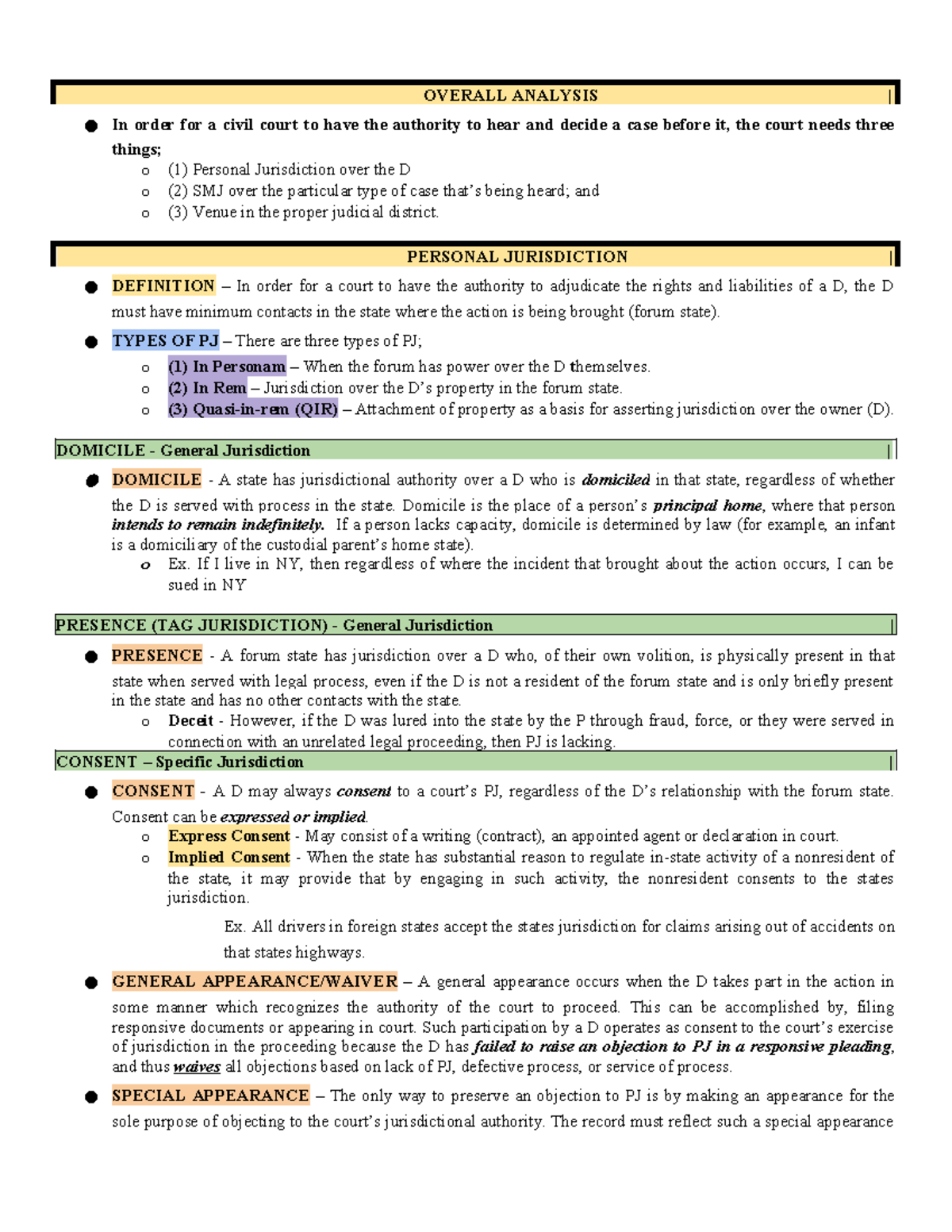 Civ Pro Outline - OVERALL ANALYSIS | In Order For A Civil Court To Have ...