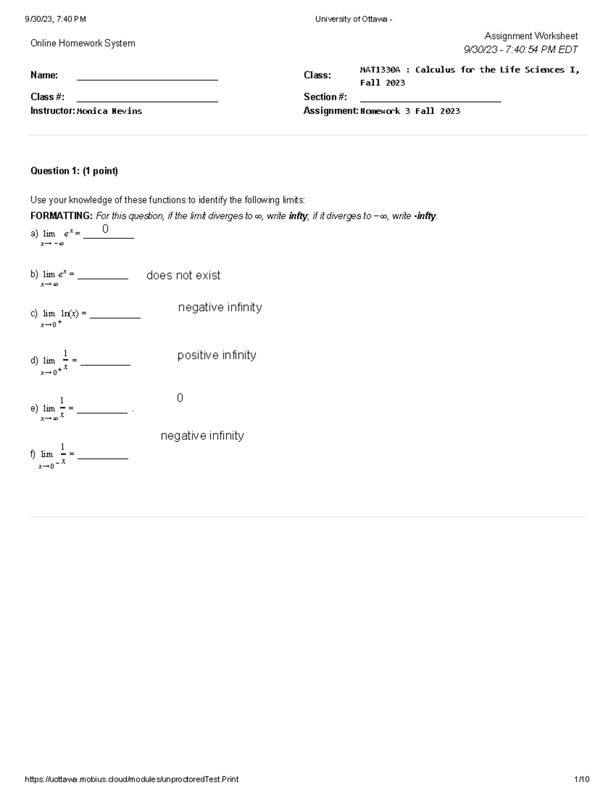 H3 Math - Questions - Online Homework System Assignment Worksheet 9\/30\/23 - 7:40:54 PM EDT Name ...