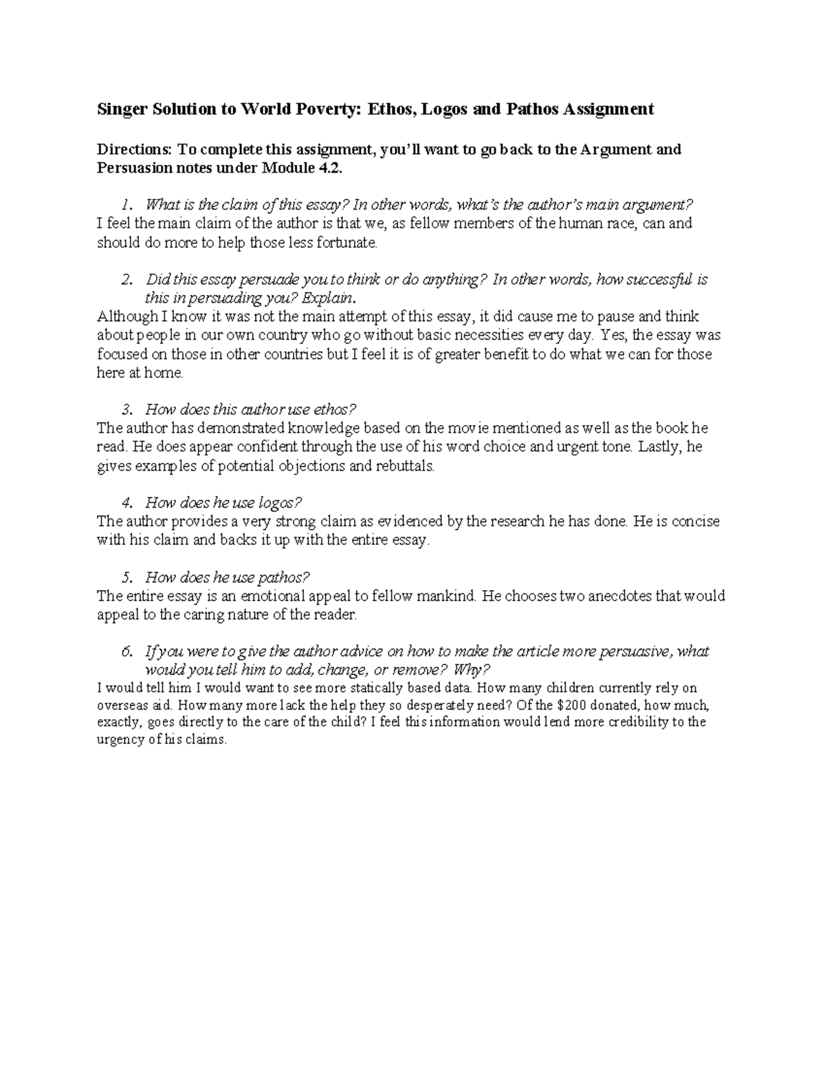 Singer Solution Questions - Singer Solution to World Poverty: Ethos ...