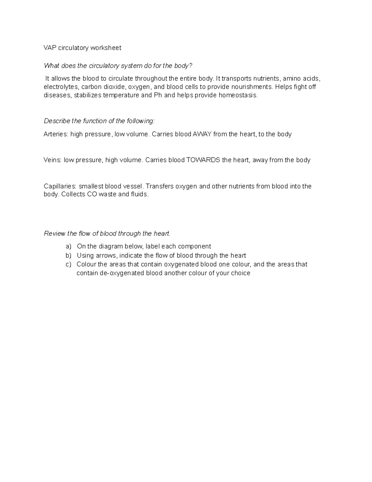 VAP circulatory worksheet - It transports nutrients, amino acids ...